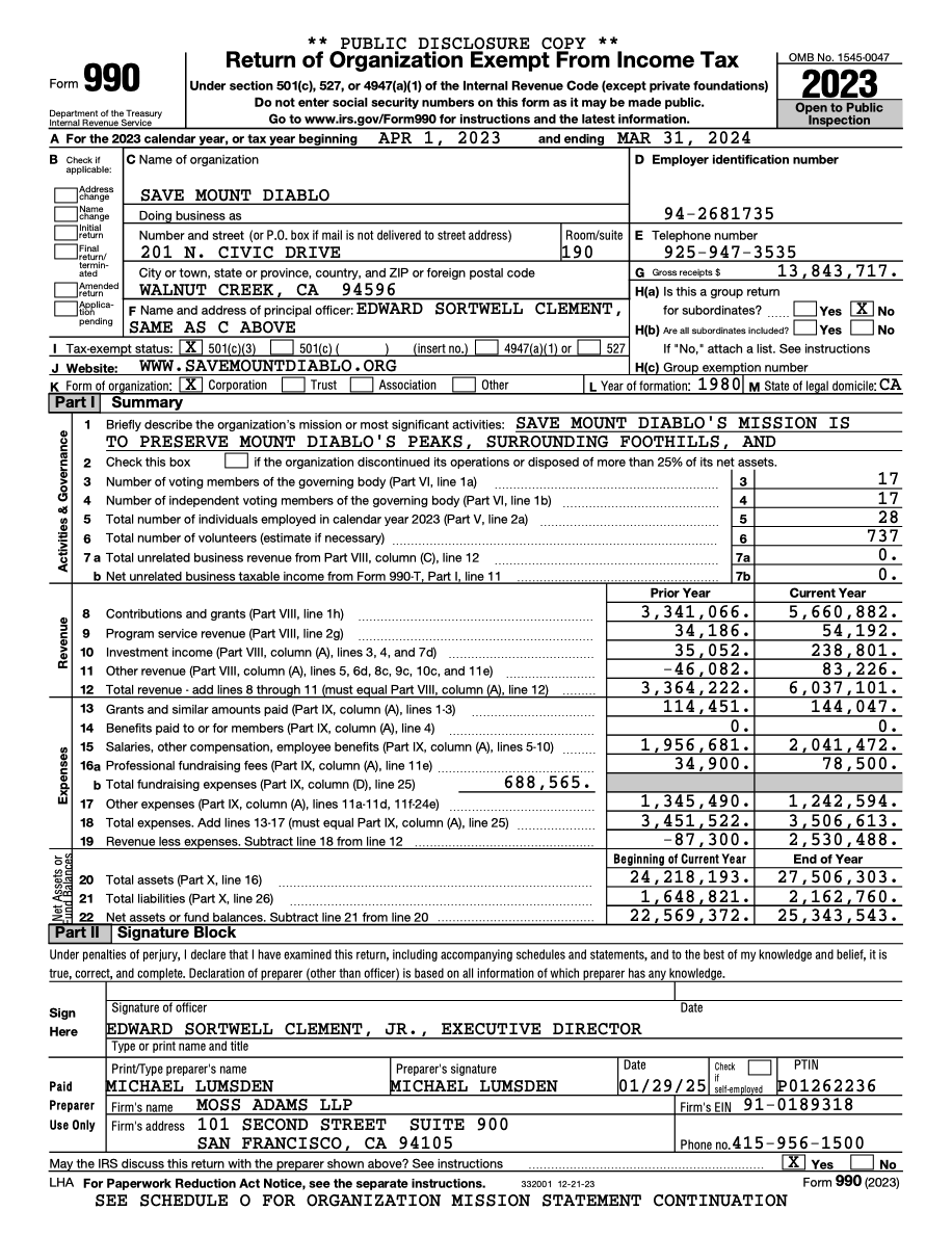 2023 to 2024 form 990 page 1 for Save Mount Diablo